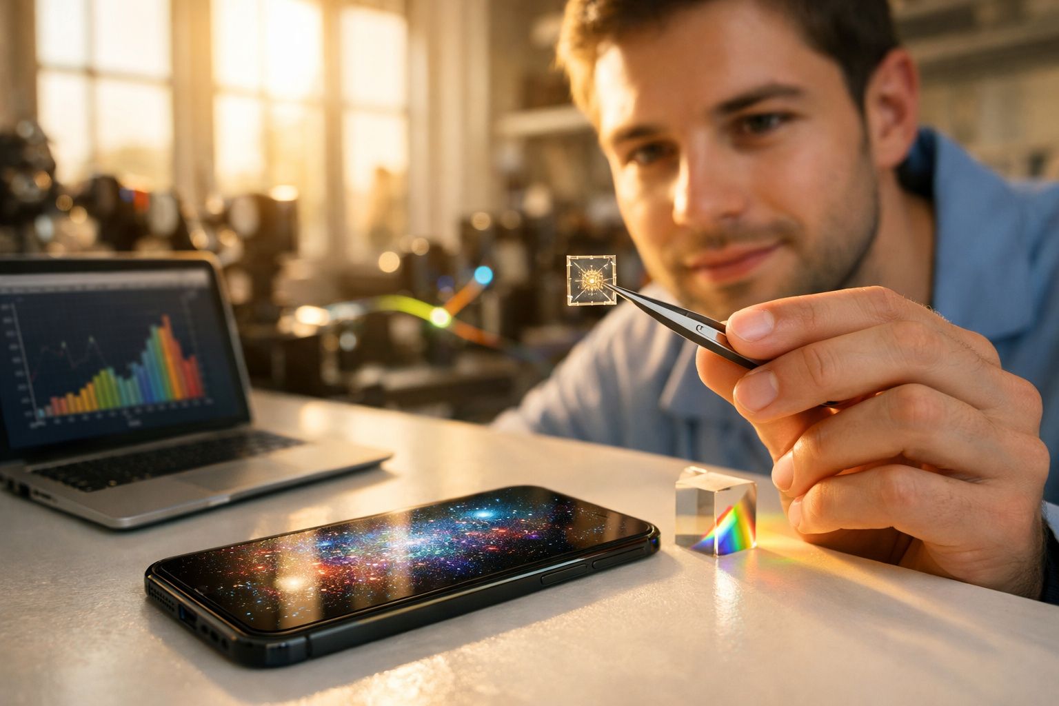 Homem segurando microchip com pinça perto de celular com imagem de galáxia na tela em ambiente de laboratório.