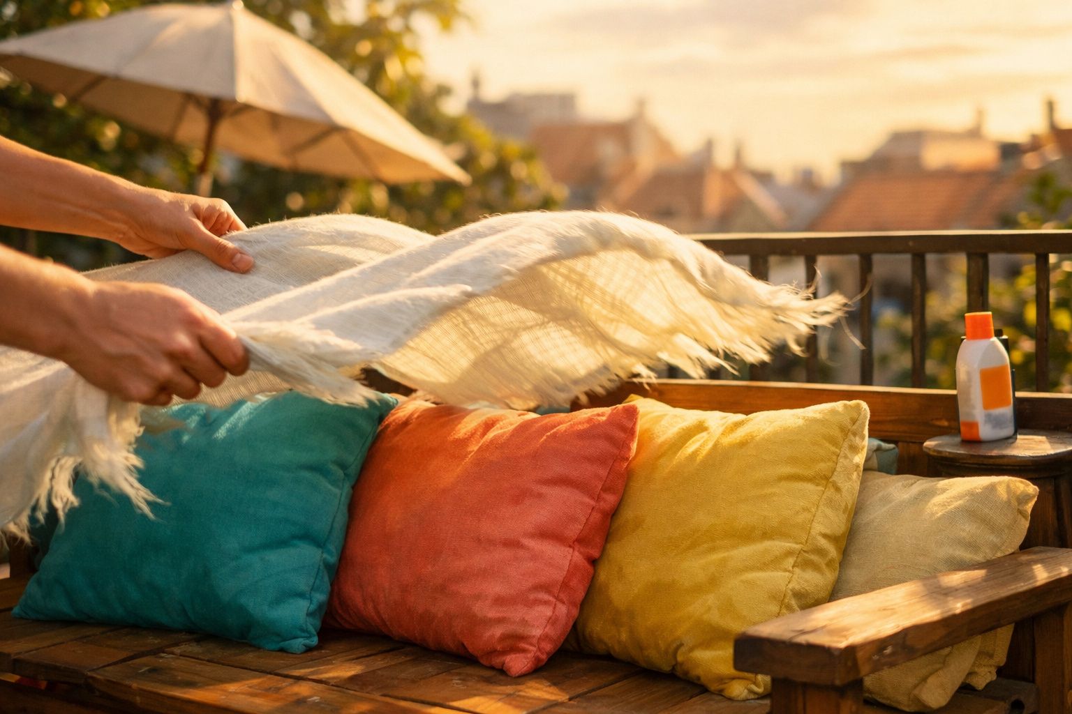 Mãos estendendo um tecido branco sobre almofadas coloridas em banco de madeira ao pôr do sol.