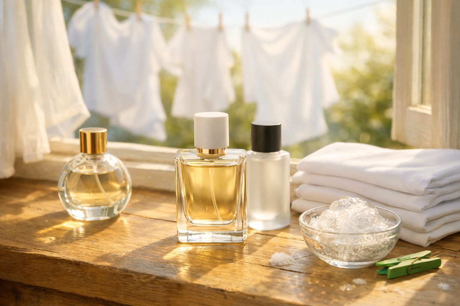 Perfumes, frascos, sabonete com espuma, roupas brancas dobradas e prendedor em janela iluminada pelo sol.