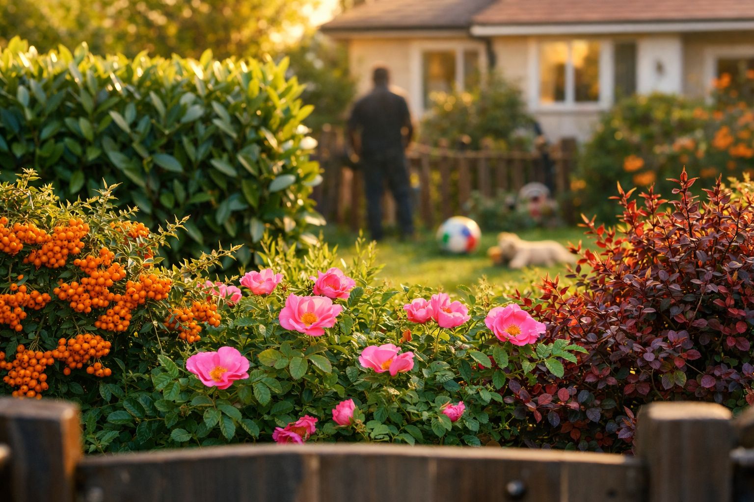Jardim com flores rosa, arbustos e homem e cachorro desfocados ao fundo perto de casa ensolarada.