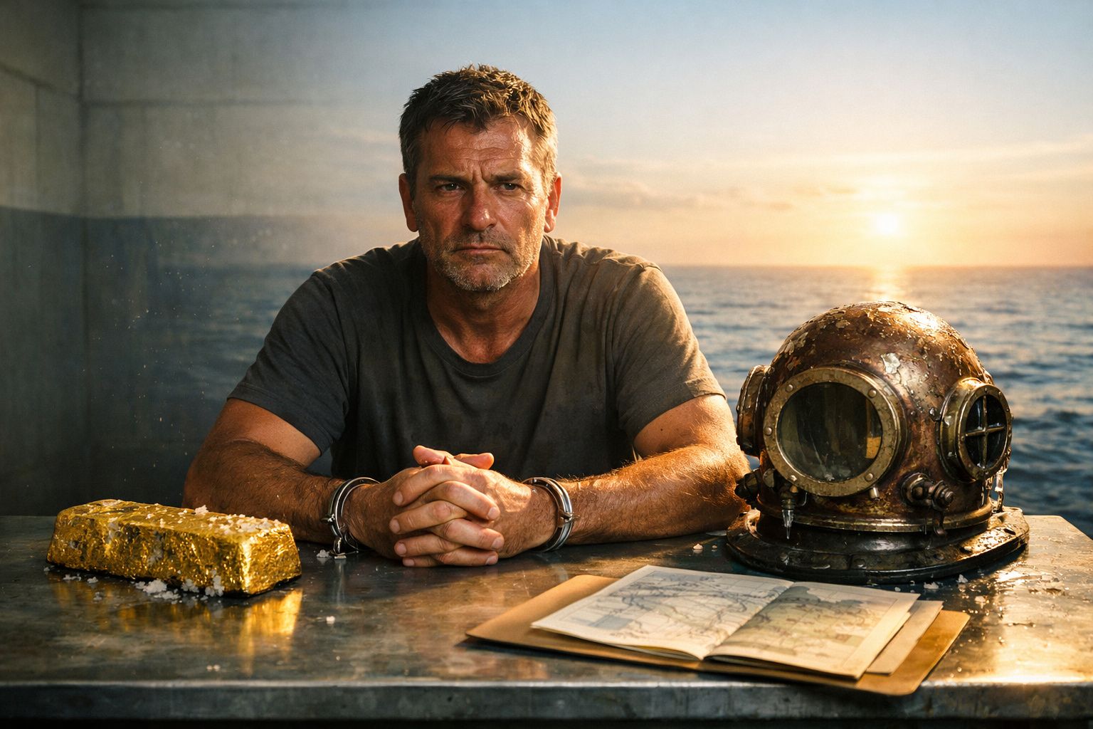 Homem de camiseta cinza sentado com algemas, ao lado de barra de ouro, capacete de mergulho e mapa sobre mesa perto do mar.