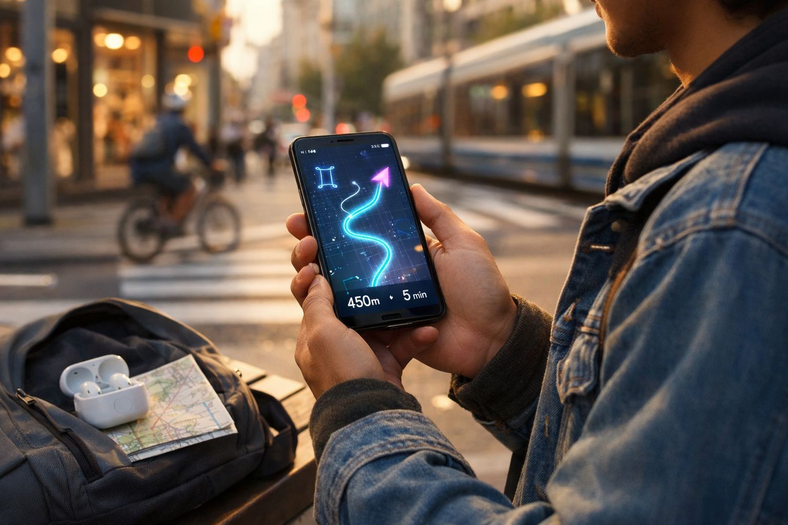 Pessoa segurando smartphone com aplicativo de rota nas mãos, ao ar livre, com mochila e mapa ao lado.