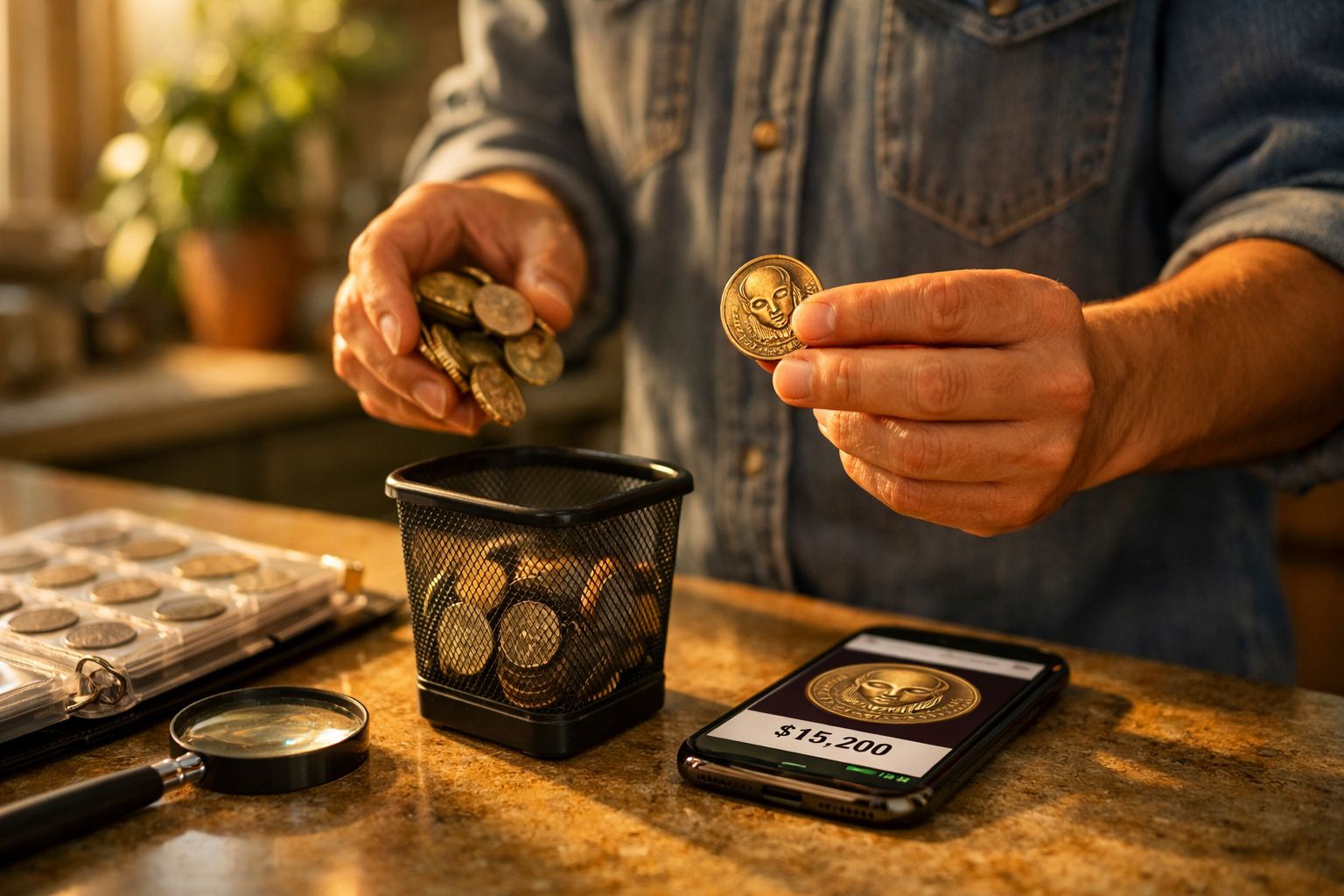 Pessoa segurando moeda dourada com caveira, moedas em cesta, lupa e celular com valor exibido na mesa.