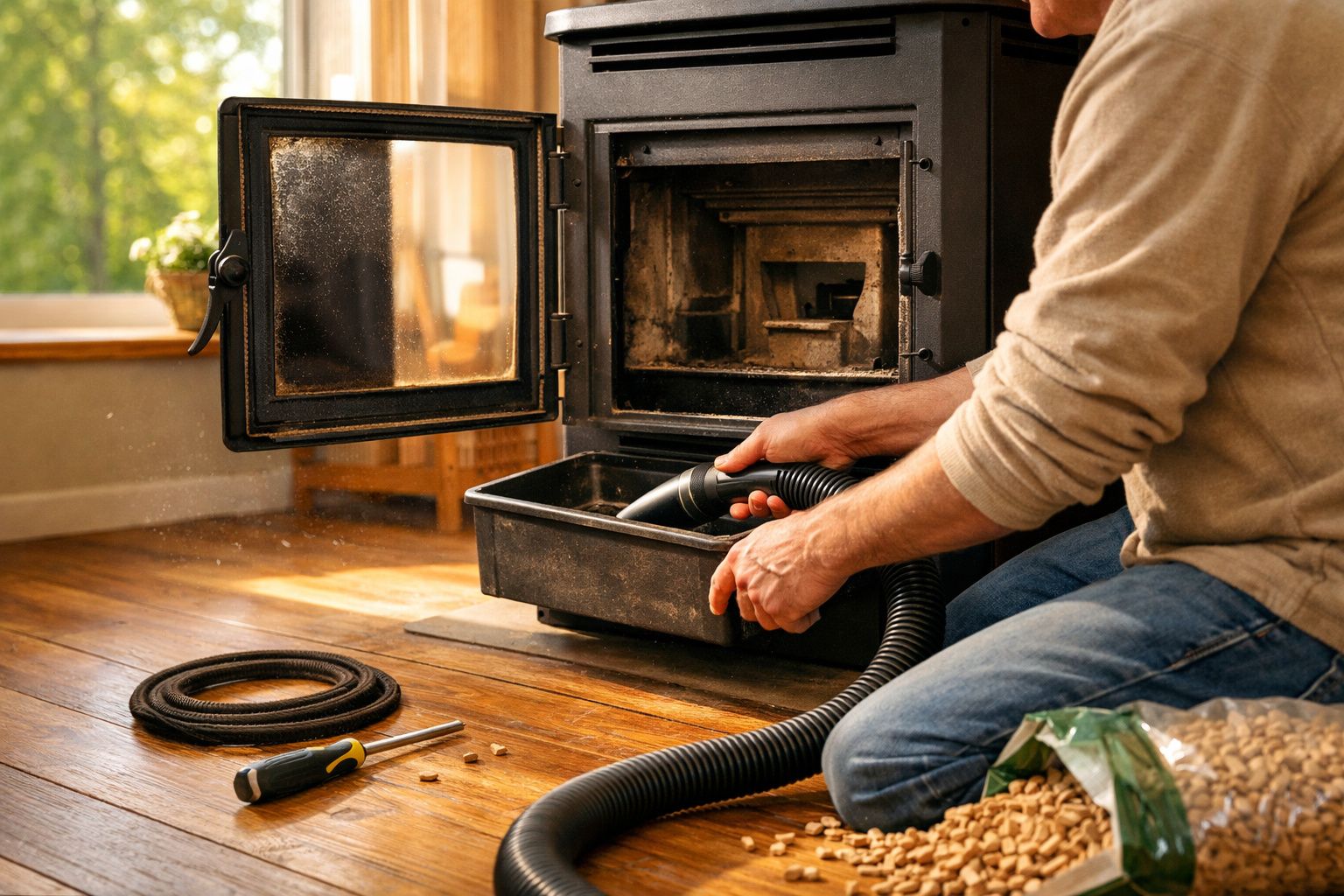 Pessoa limpando cinzas de uma lareira a lenha com aspirador em piso de madeira, luz natural entrando.