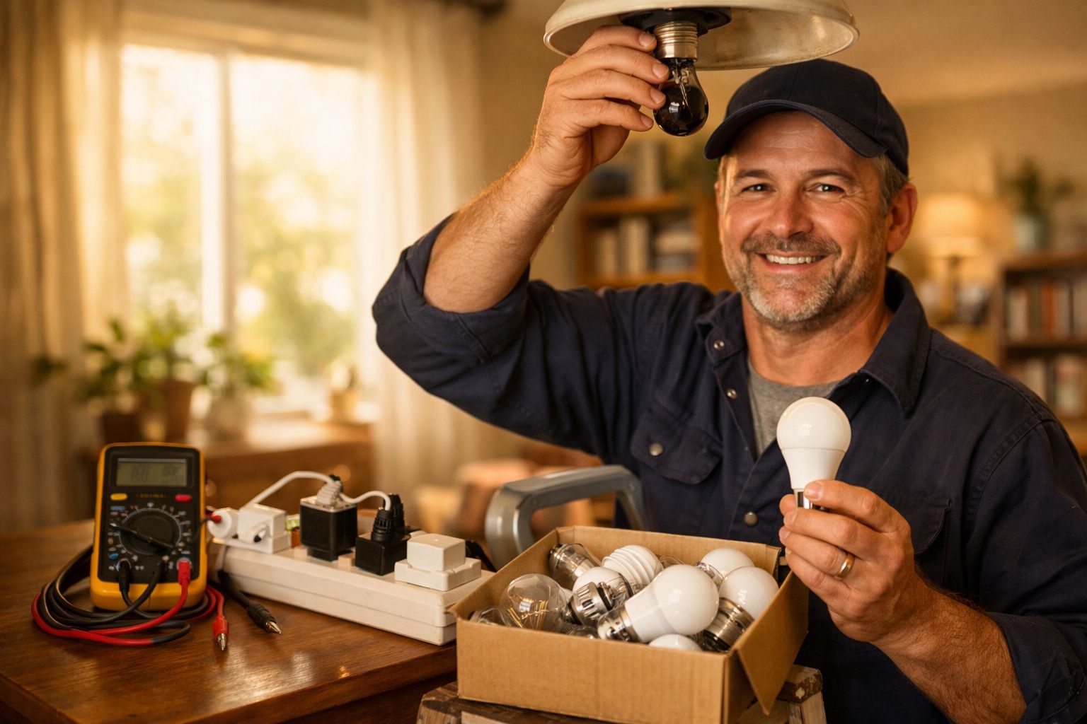 Homem sorridente segurando lâmpadas e lâmpada queimada, cercado por equipamento elétrico em ambiente iluminado.