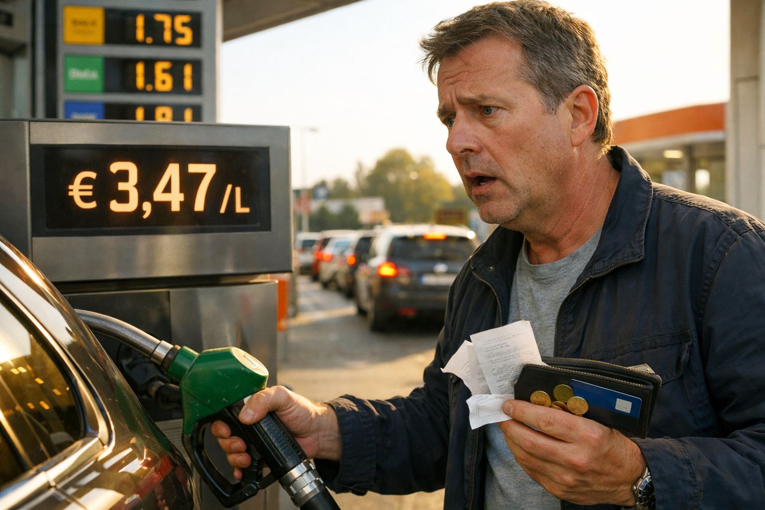Homem preocupado abastecendo carro em posto com preço do combustível em 3,47 euros por litro.