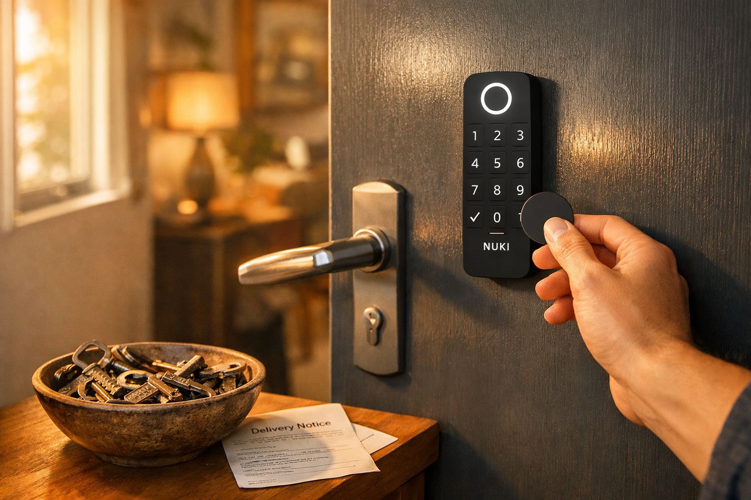 Pessoa usando chave eletrônica para abrir fechadura digital em porta interna de casa.