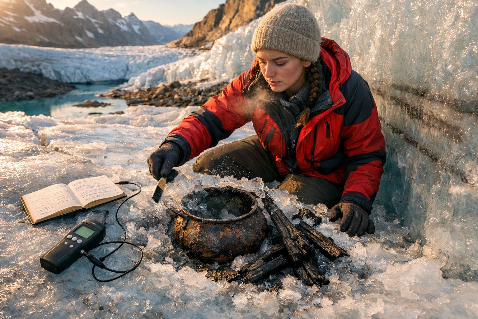 Mulher com roupa de frio coleta água derretida do gelo perto de um caderno e aparelho de medição em ambiente gelado.