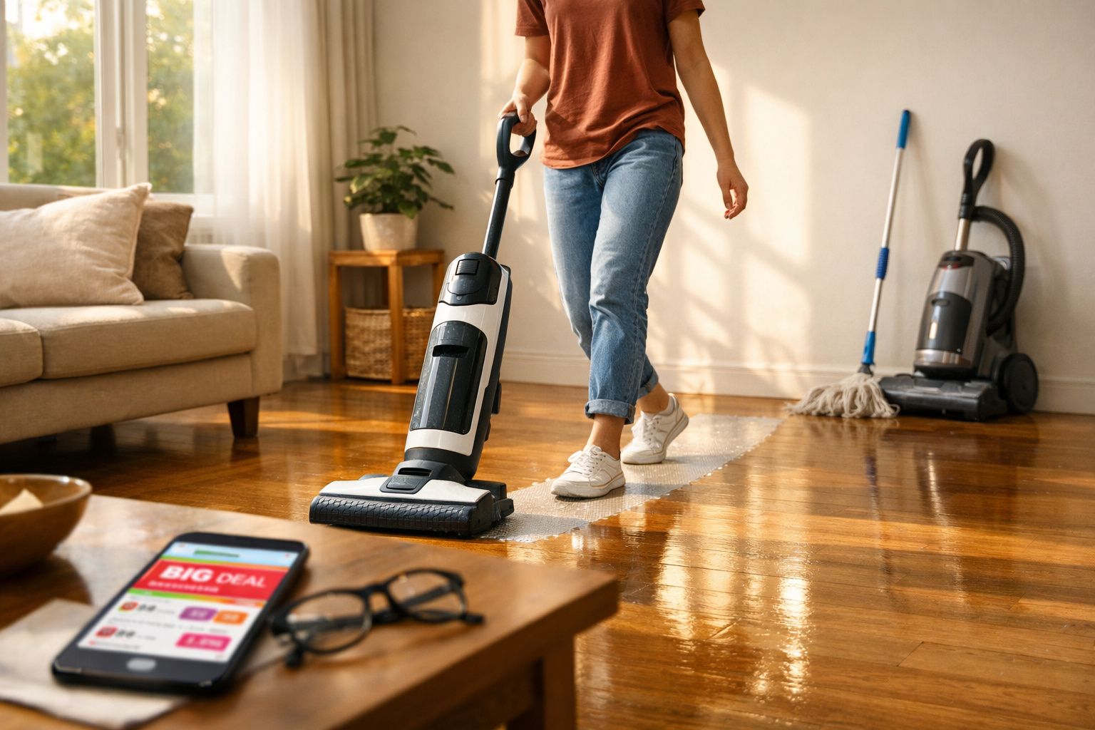 Pessoa passando aspirador em sala de estar iluminada, com móveis e chão de madeira brilhante.