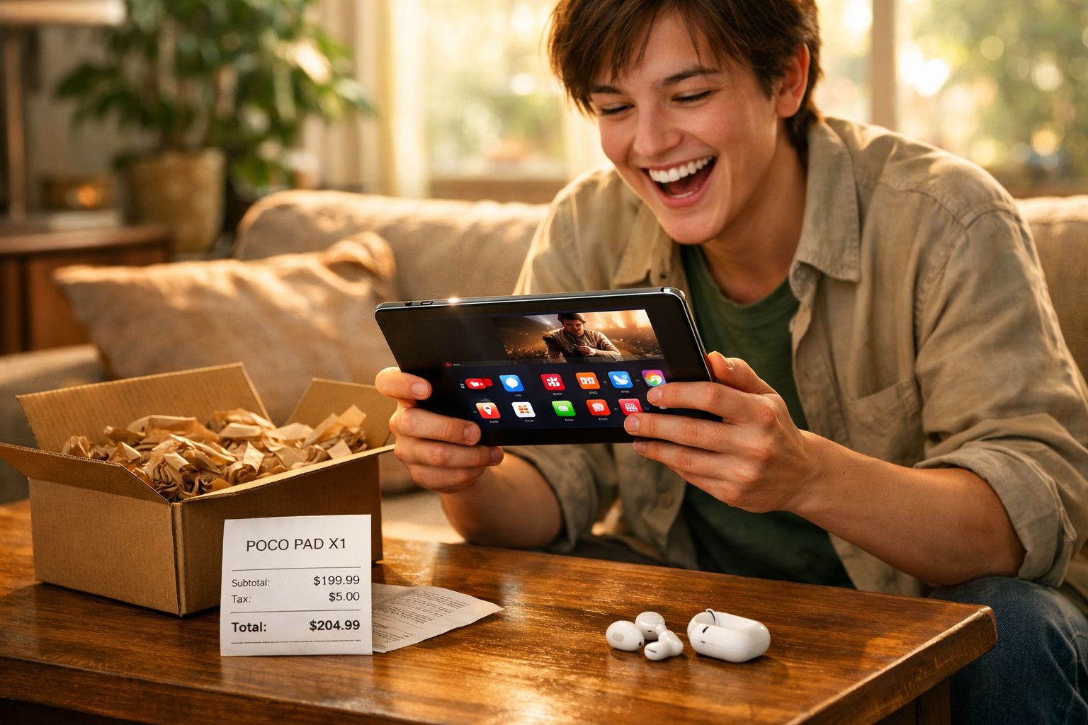Pessoa sorrindo usando tablet POCO PAD X1 recém-retirado da caixa em sala aconchegante.