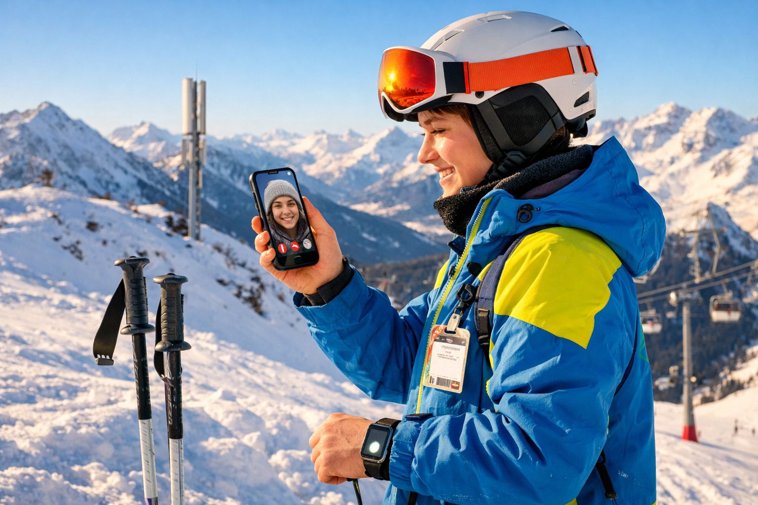 Pessoa vestindo roupa de esqui faz chamada de vídeo na montanha coberta de neve com céu azul.