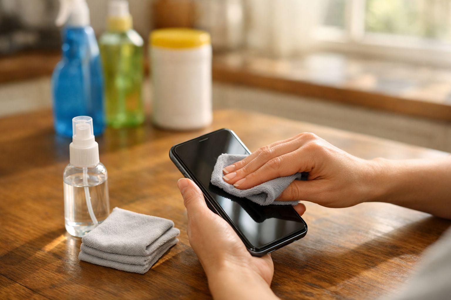 Pessoa limpando a tela de um smartphone com pano cinza em mesa de madeira.