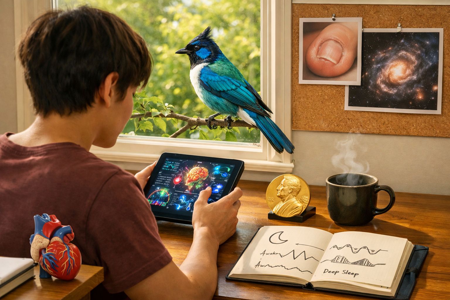 Jovem estudando neurociência em tablet, com pássaro azul, livro aberto e medalha de prêmio na mesa.