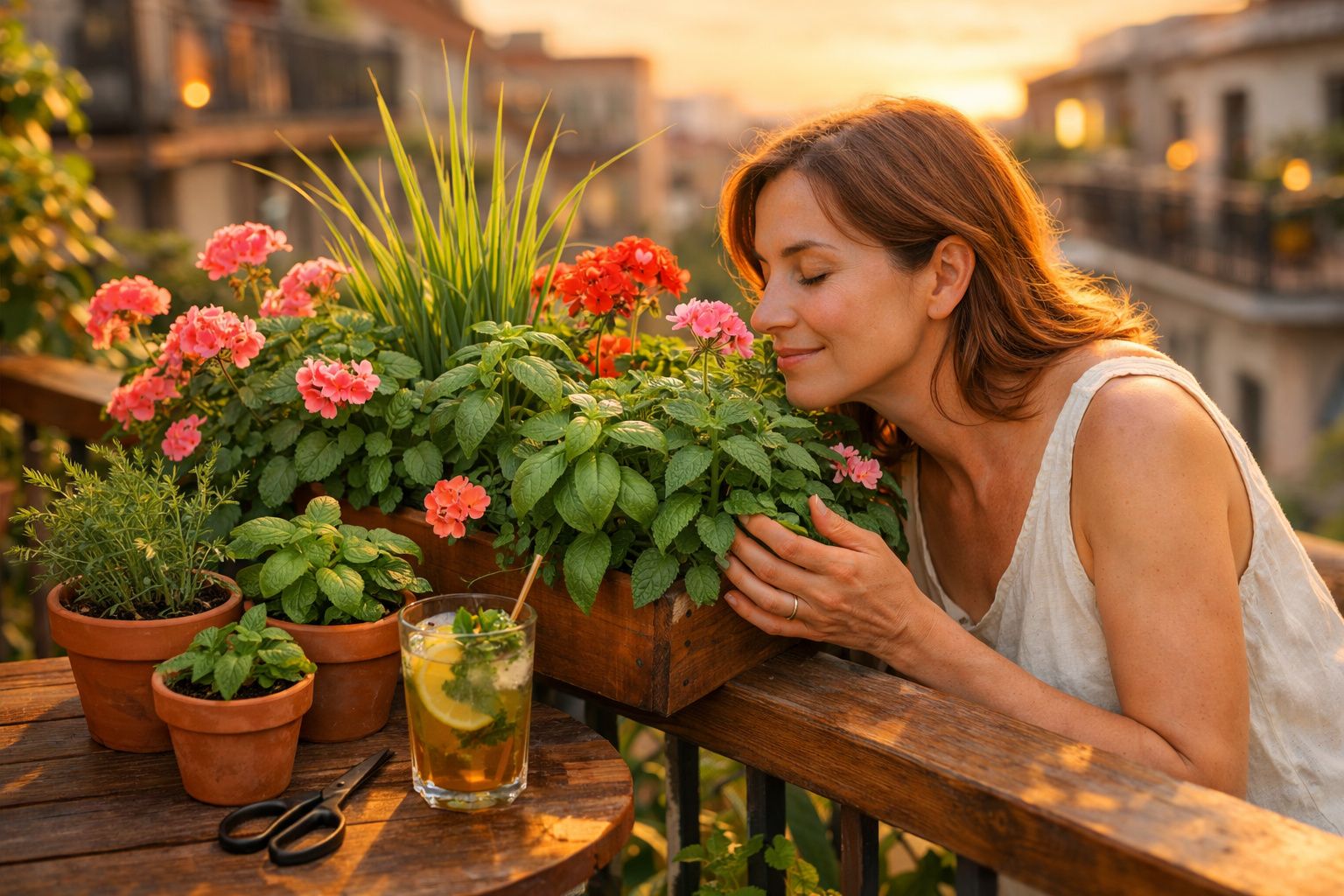 Mulher cheirando flores coloridas em vasos de barro em varanda ao pôr do sol.