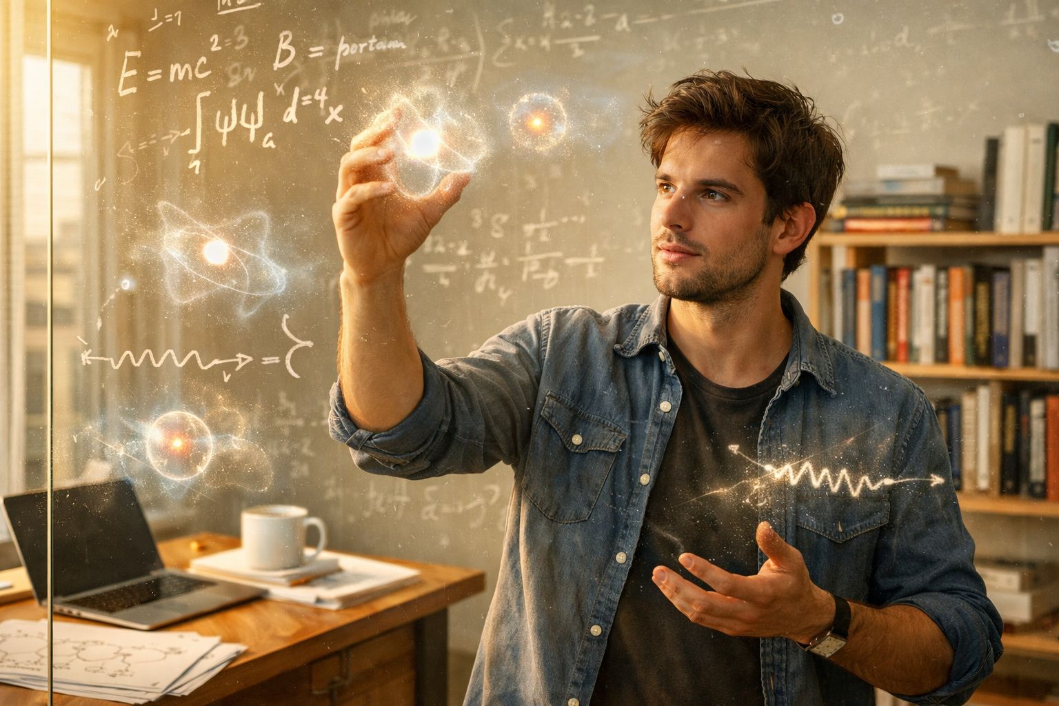 Jovem em ambiente de estudo interage com fórmulas e modelos atômicos digitais flutuantes.