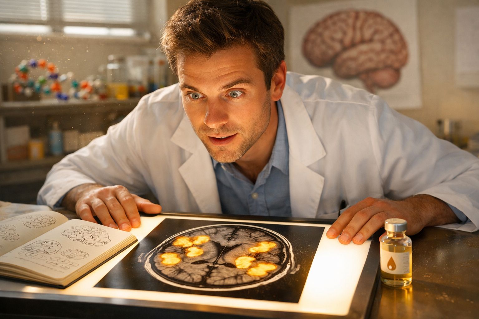 Cientista olhando atentamente para imagem de tomografia cerebral iluminada em laboratório.