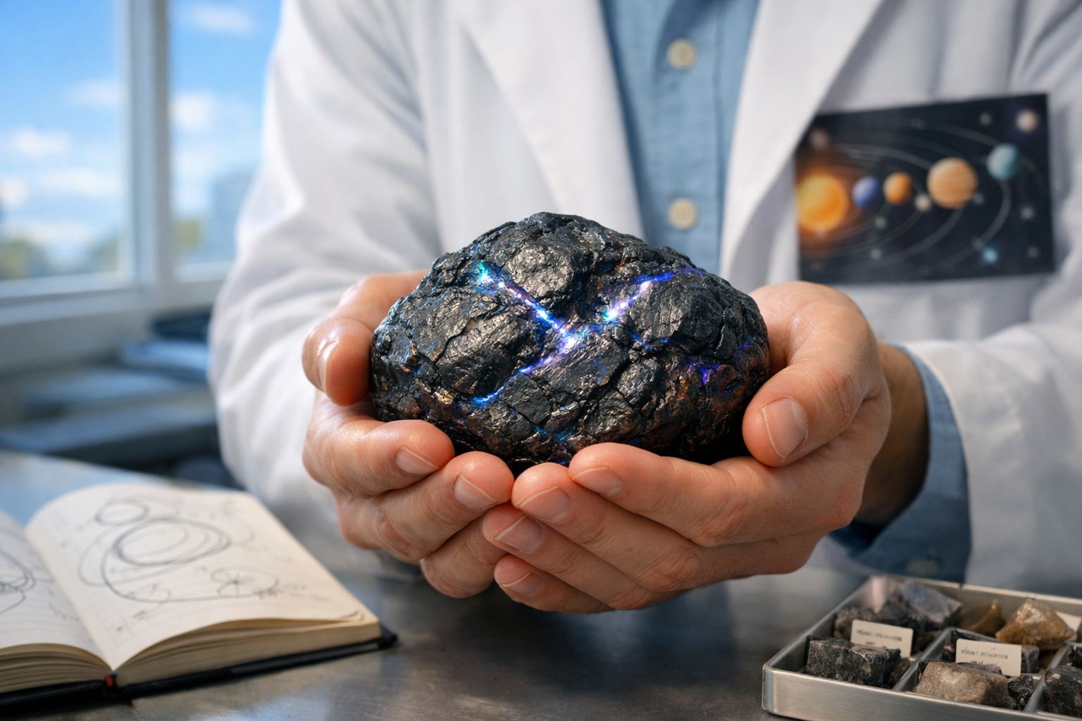 Pessoa com jaleco branco segurando uma rocha brilhante com veias de luz azul em um laboratório.