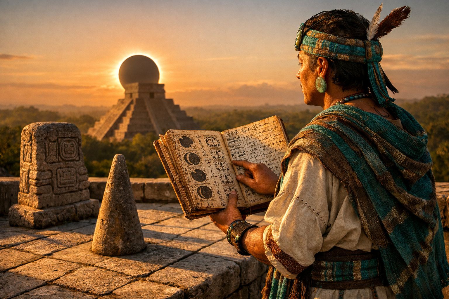 Homem indígena com vestes tradicionais lê manuscrito antigo em templo maia ao pôr do sol.