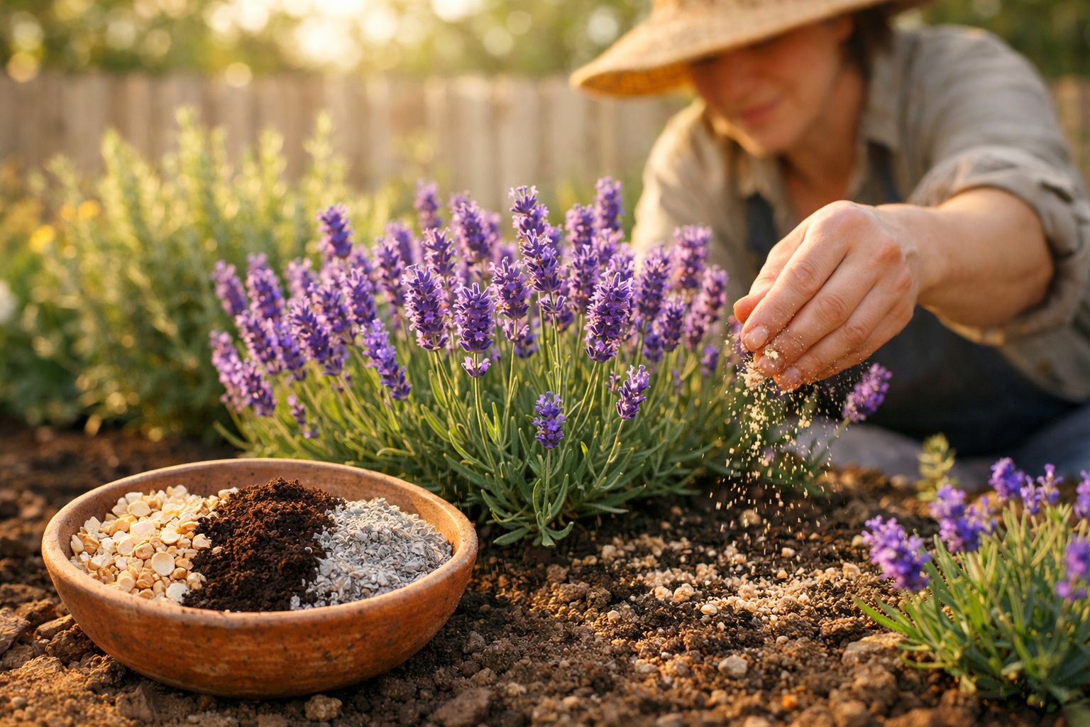Pessoa cuidando de flores de lavanda e aplicando adubo em jardim ensolarado.