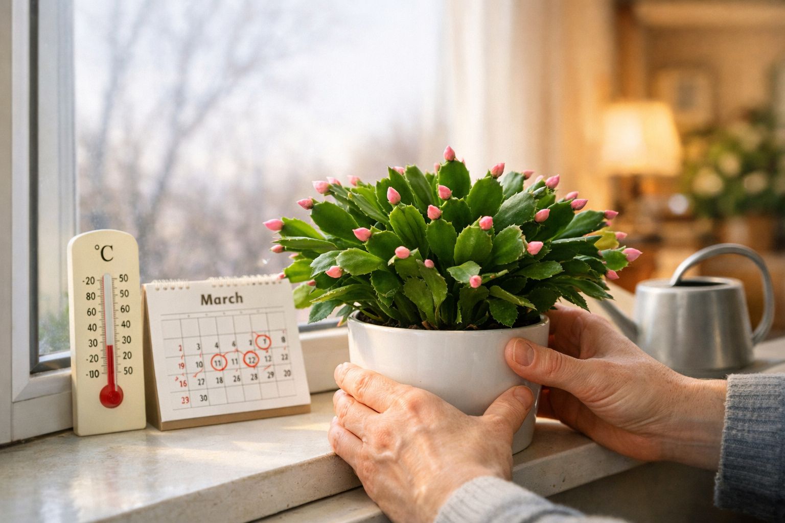 Pessoa segurando vaso de flor com flores rosas na janela ao lado de calendário e termômetro.