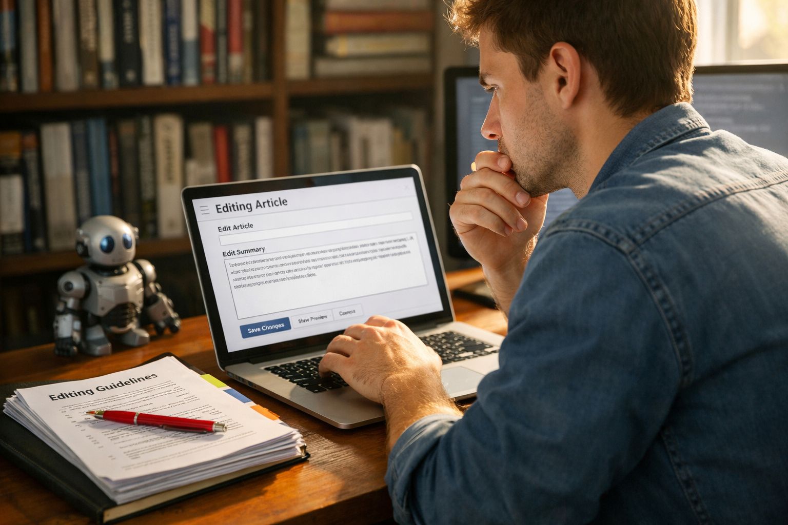 Homem concentrado editando artigo em laptop, com documentos e robô pequeno na mesa de madeira.