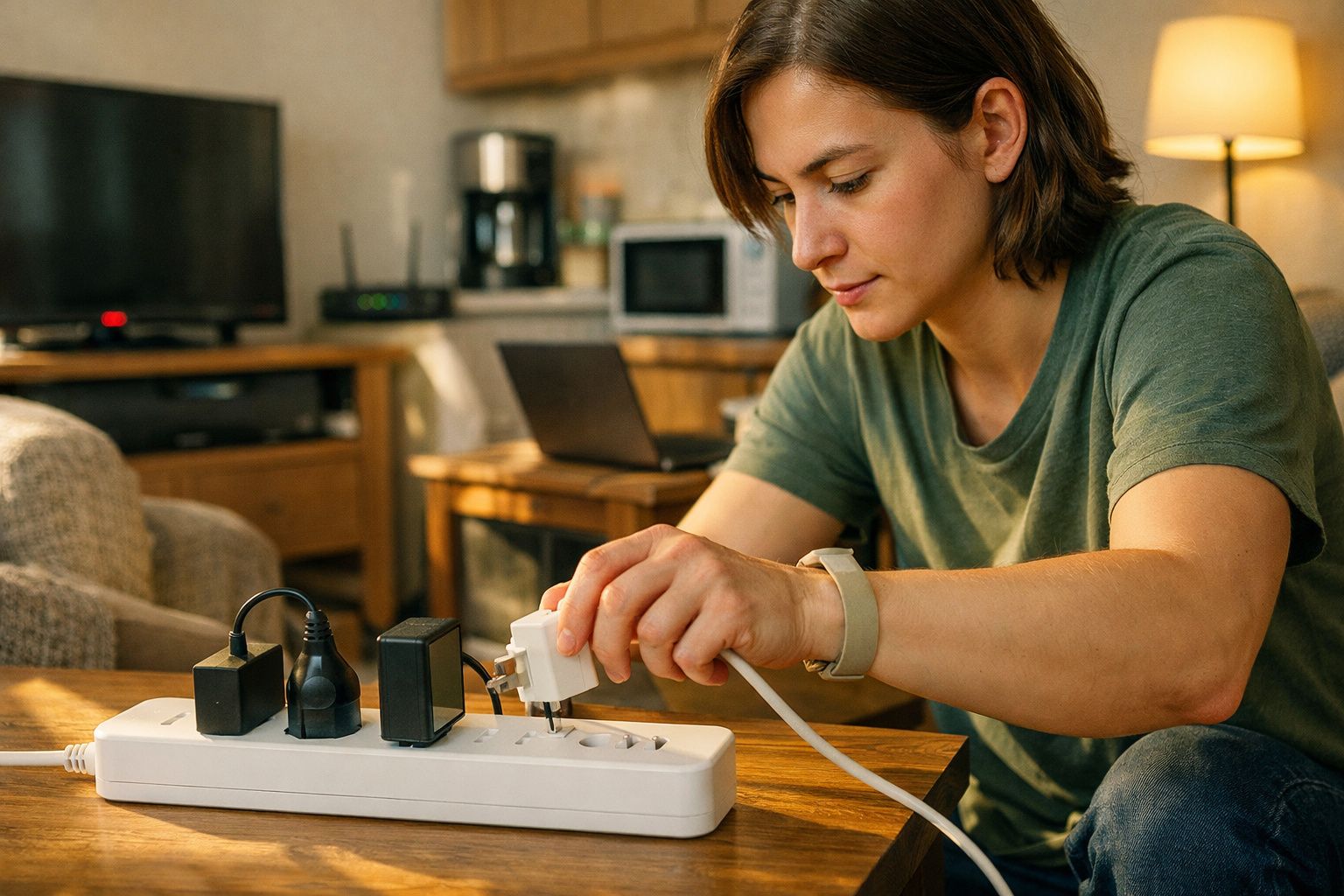 Pessoa com camiseta verde conecta carregador em régua de energia sobre mesa de madeira em sala.