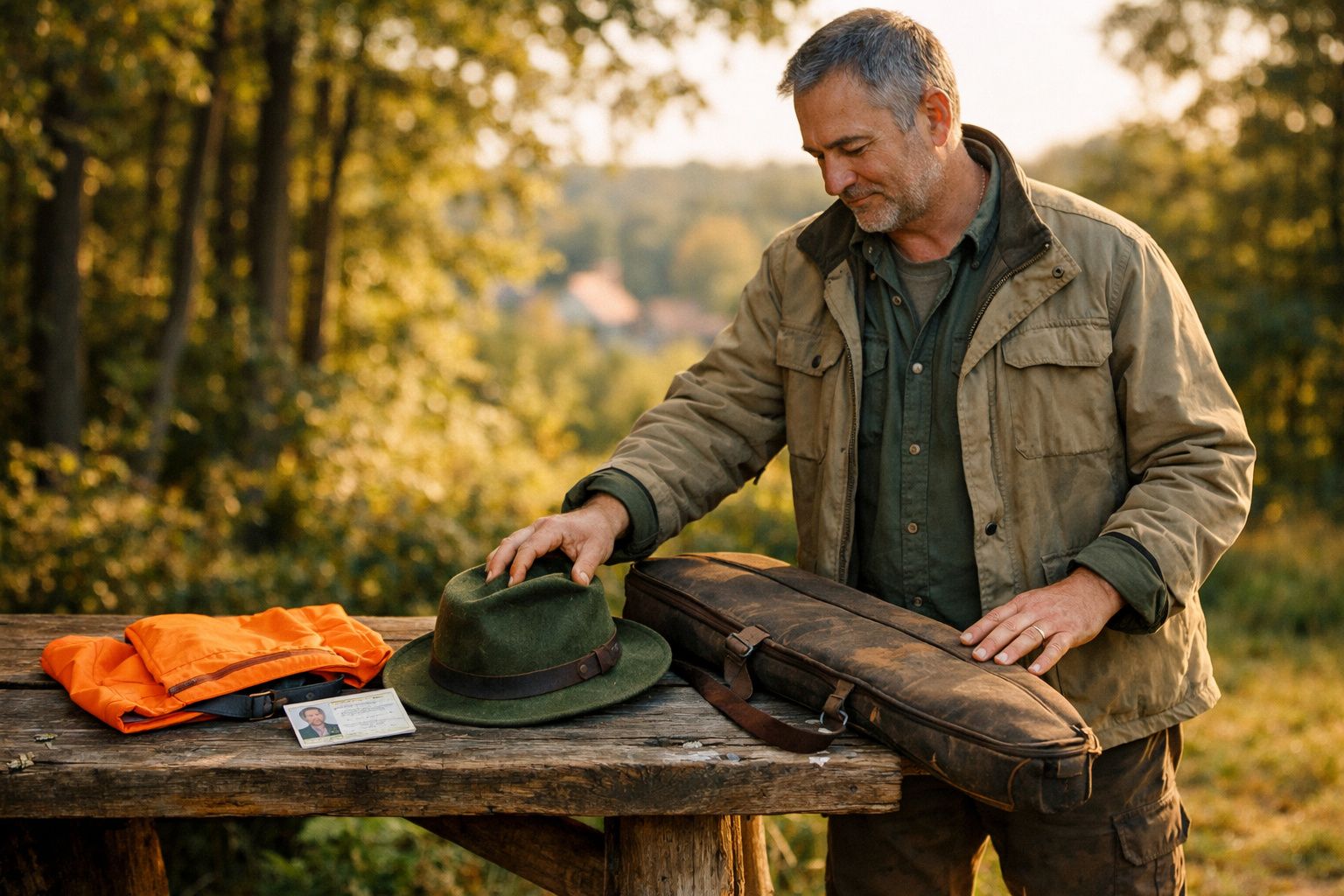 Homem ao ar livre arruma chapéu e bolsa de equipamento sobre mesa de madeira com roupas e documento ao lado.