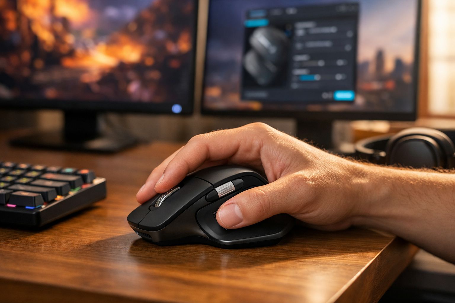 Mão usando mouse preto em mesa de madeira com teclado e monitores ao fundo.