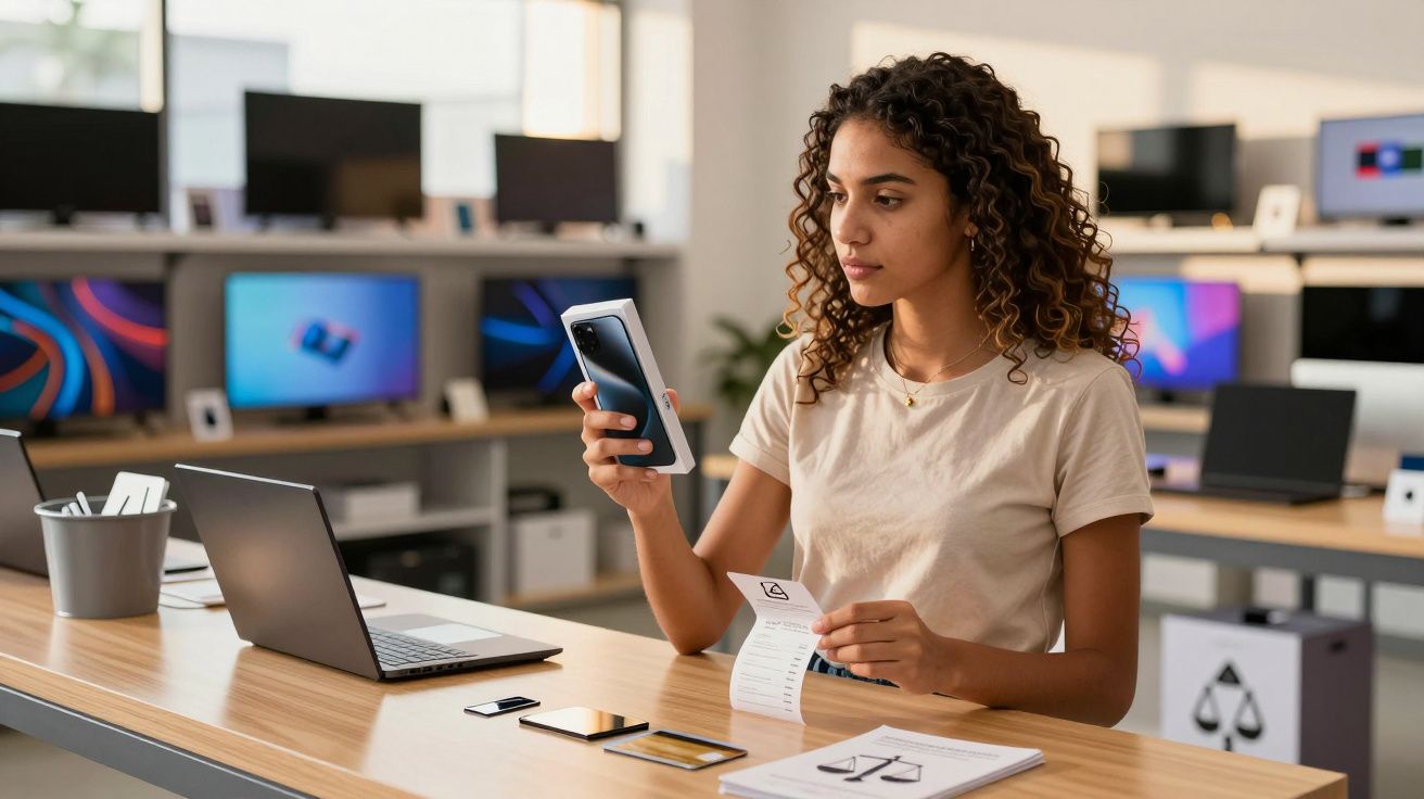 Mulher com camiseta clara usando celular e segurando recibo em loja de eletrônicos moderna.