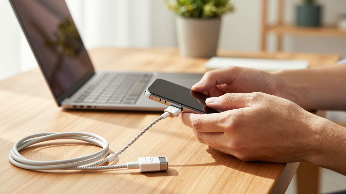 Pessoa segurando smartphone conectado por cabo a laptop sobre mesa de madeira clara.