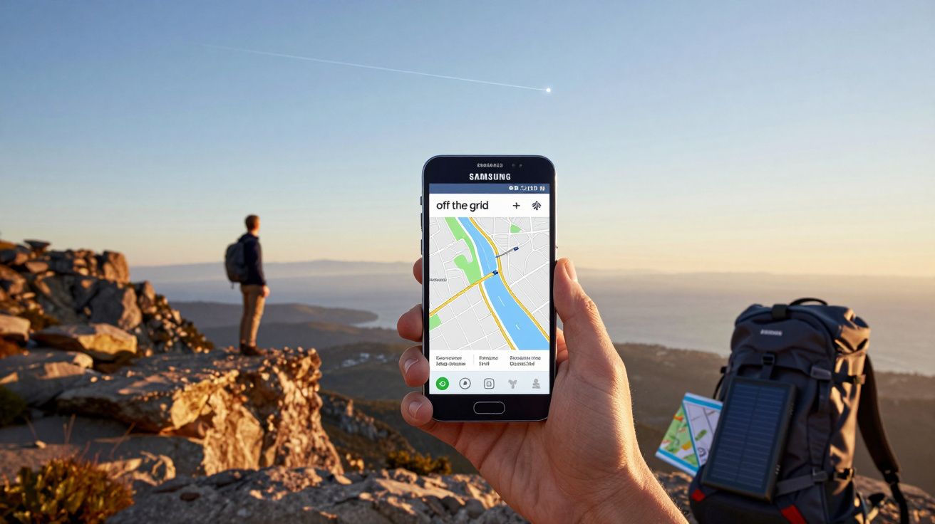 Pessoa segurando smartphone com aplicativo de mapa ao ar livre em área montanhosa ao pôr do sol.