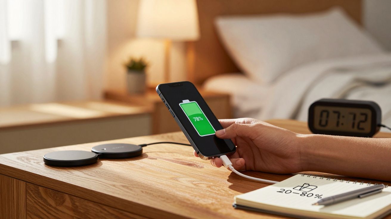 Pessoa segurando celular com bateria carregando a 78% sobre mesa com carregador, relógio e bloco de notas.