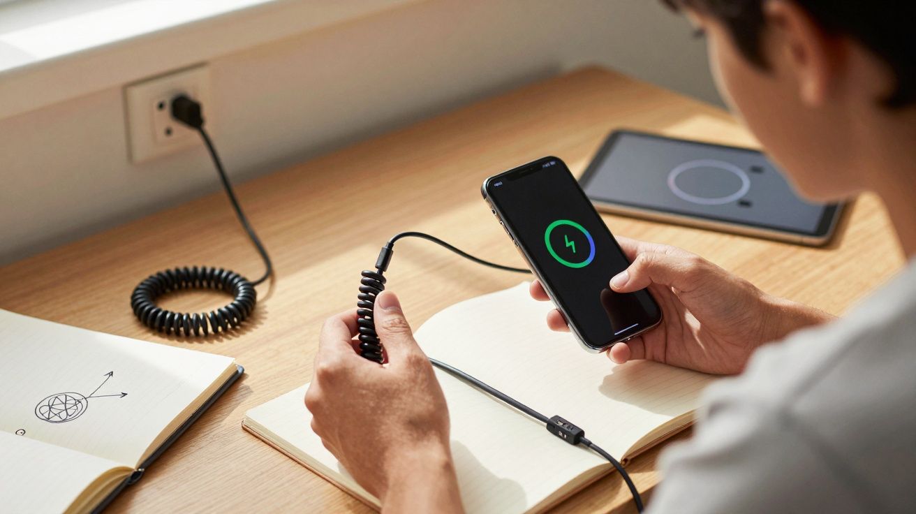 Pessoa segurando celular conectado a carregador espiral em mesa com cadernos e tablet sem fio ao fundo.