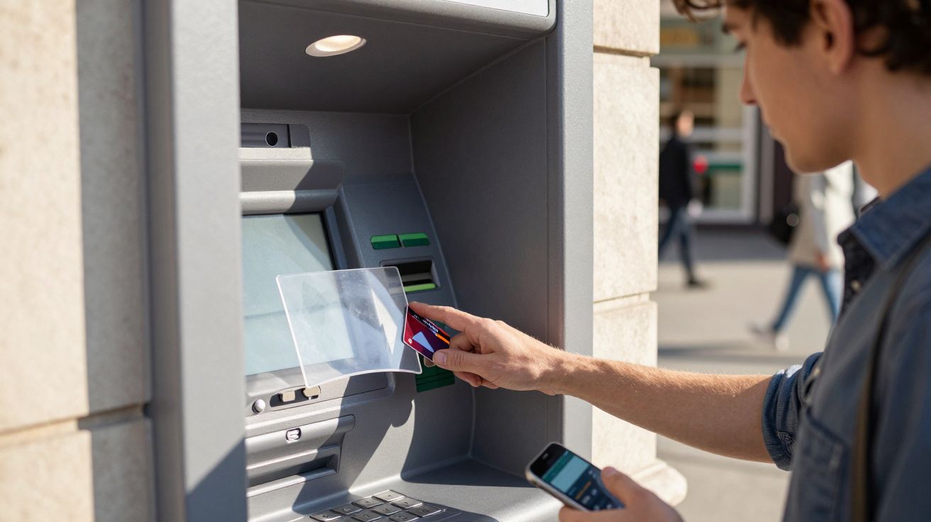 Homem usando cartão e celular em caixa eletrônico na rua durante o dia.