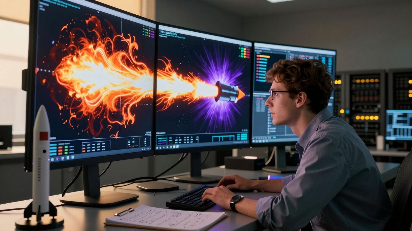 Jovem analisando simulação digital de foguete com propulsão em três monitores na mesa de trabalho.