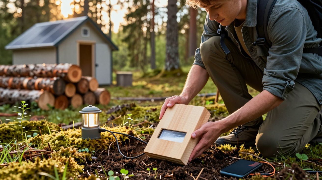 Pessoa ajoelhada instalando luminária solar no jardim com cabos e celular ao lado, casa e toras ao fundo.