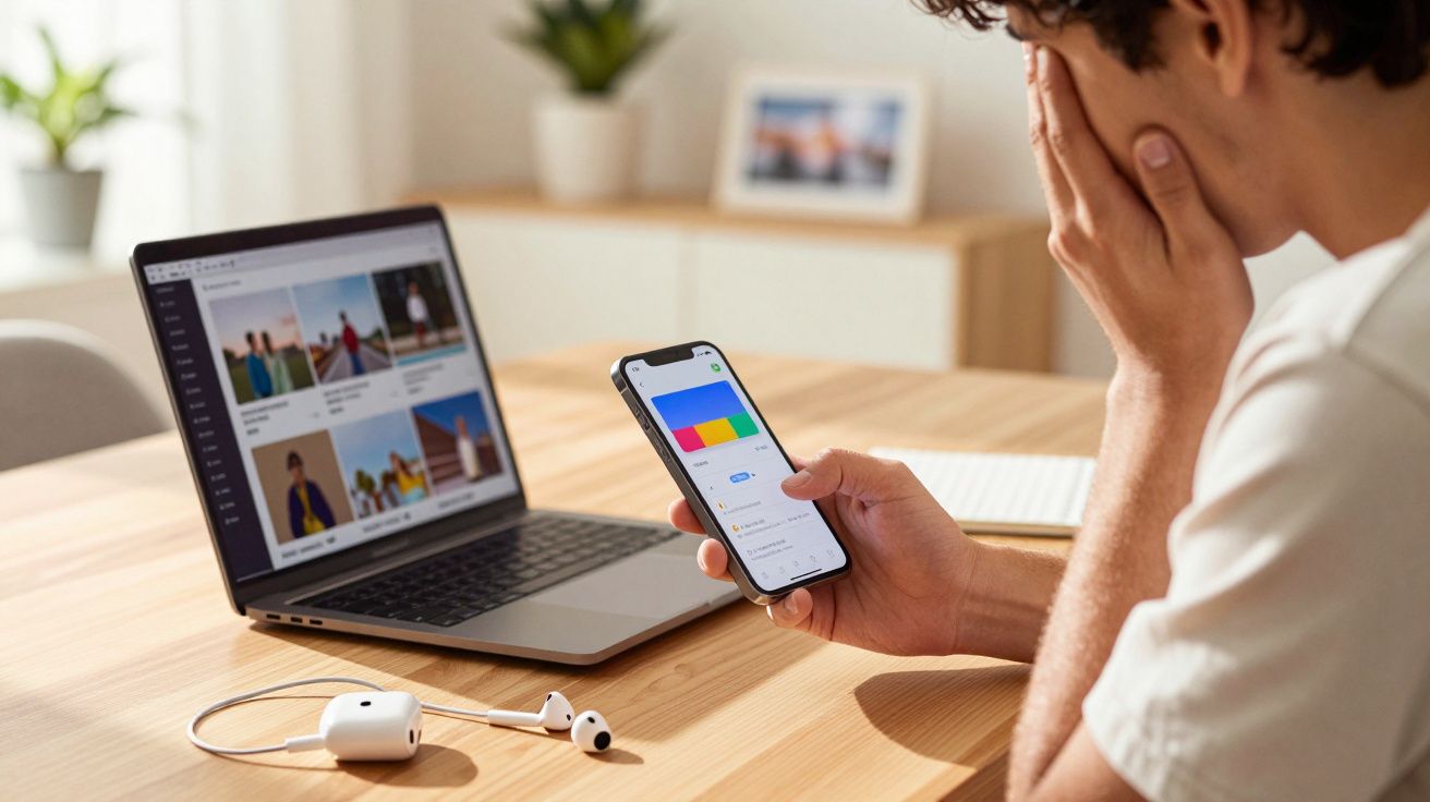 Pessoa usando celular com laptop aberto em mesa de madeira, com fones de ouvido brancos ao lado.