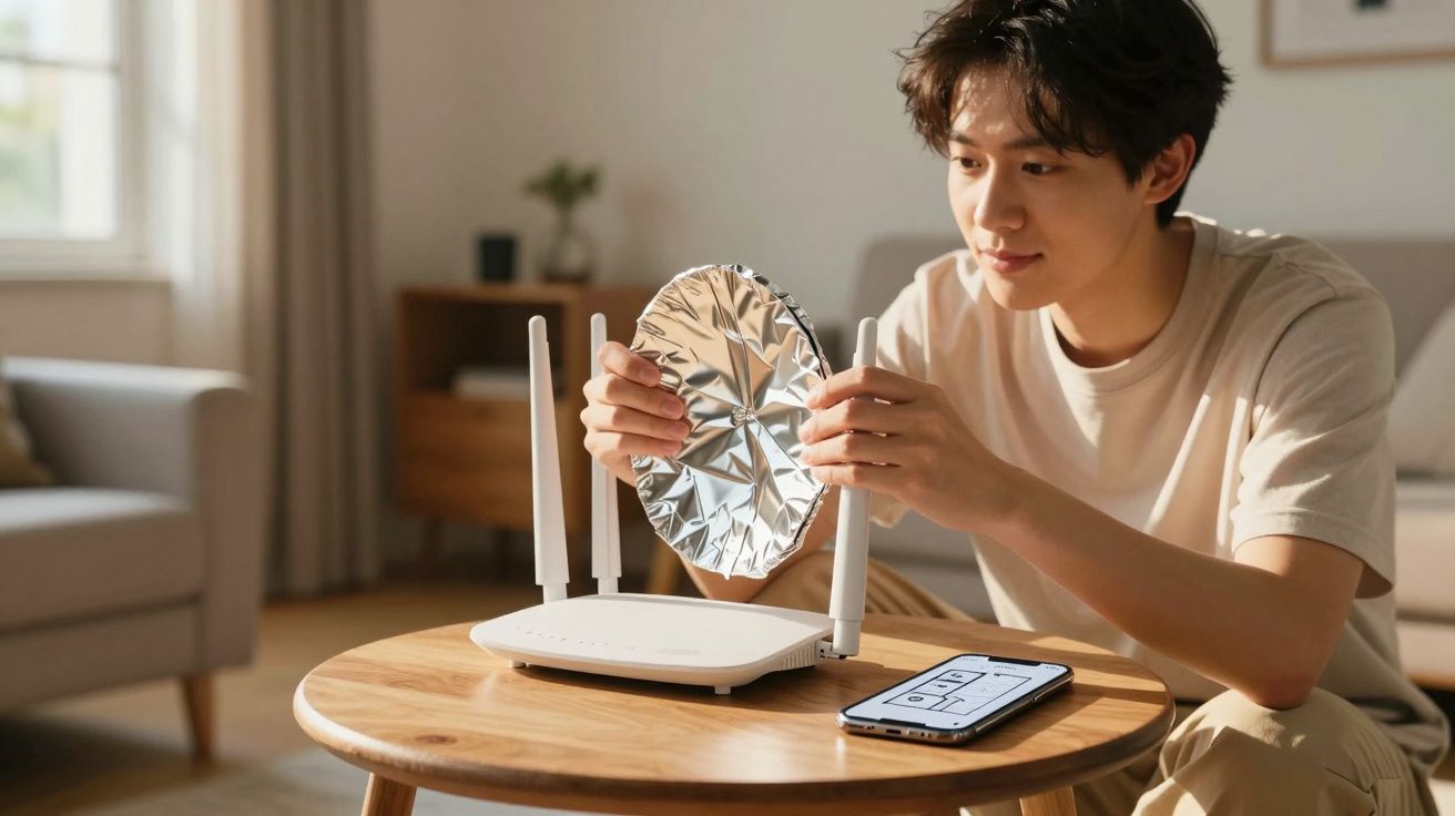 Homem sentado ajusta uma antena de roteador Wi-Fi sobre mesa com celular ao lado em sala iluminada.