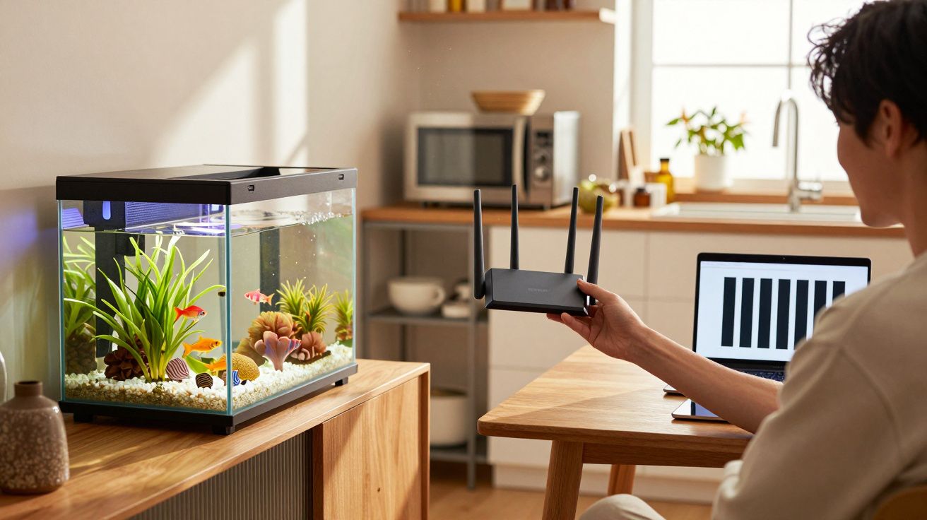 Pessoa segura roteador Wi-Fi perto de aquário com peixes em ambiente interno iluminado.