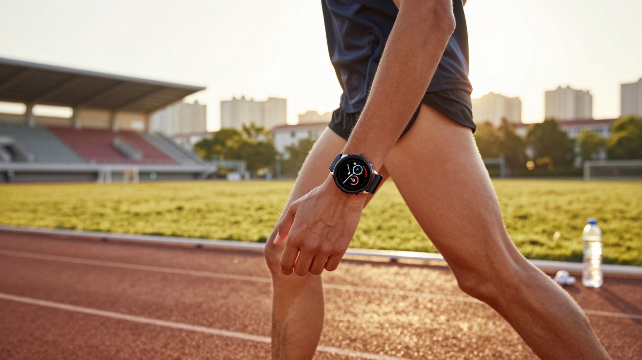Pessoa preparando para correr em pista de atletismo com relógio esportivo no pulso.