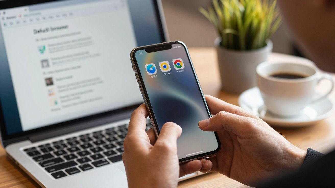Pessoa segurando smartphone com ícones de navegadores em frente a notebook e xícara de café.