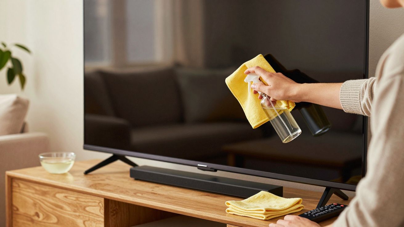 Pessoa limpando a tela de uma televisão com pano amarelo em uma sala de estar.