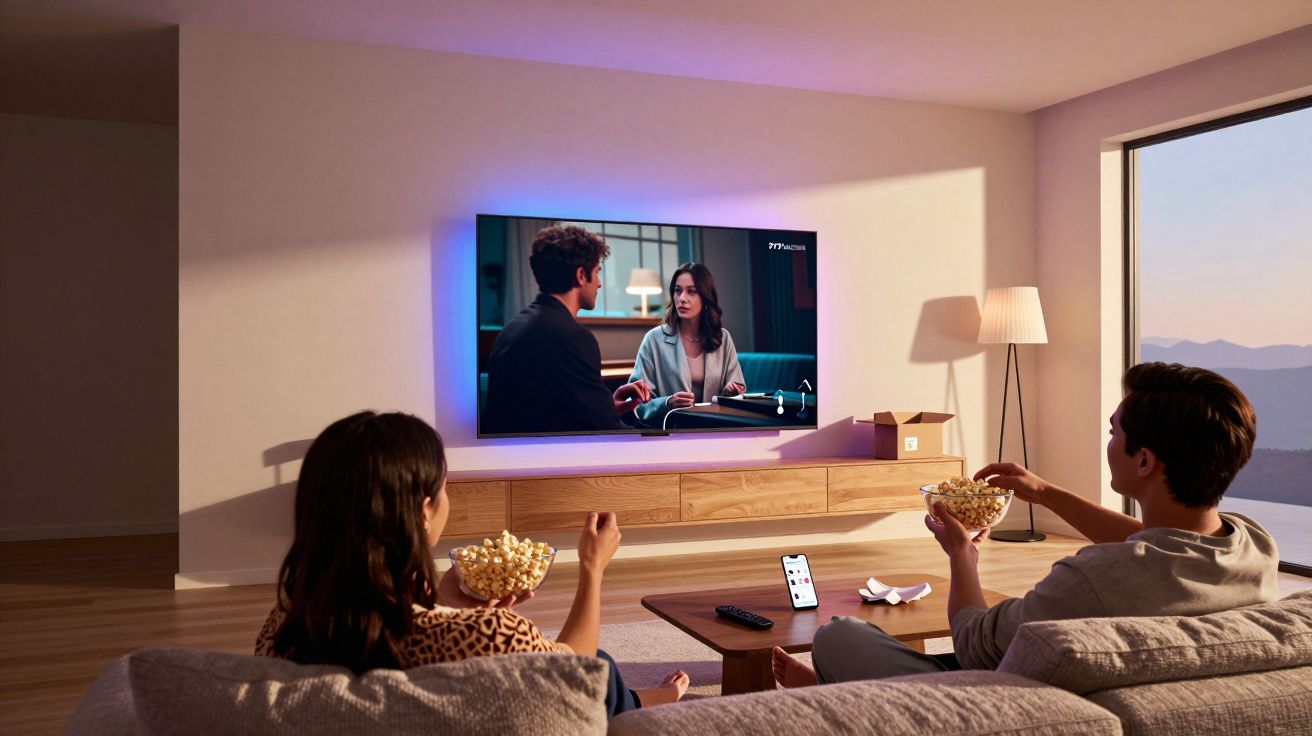 Casal sentado no sofá assistindo TV com baldes de pipoca em uma sala iluminada ao entardecer.