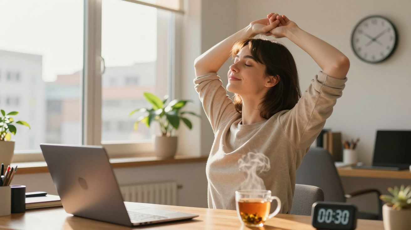 Mulher sorridente esticando os braços sentada à mesa com notebook, chá e plantas ao fundo.