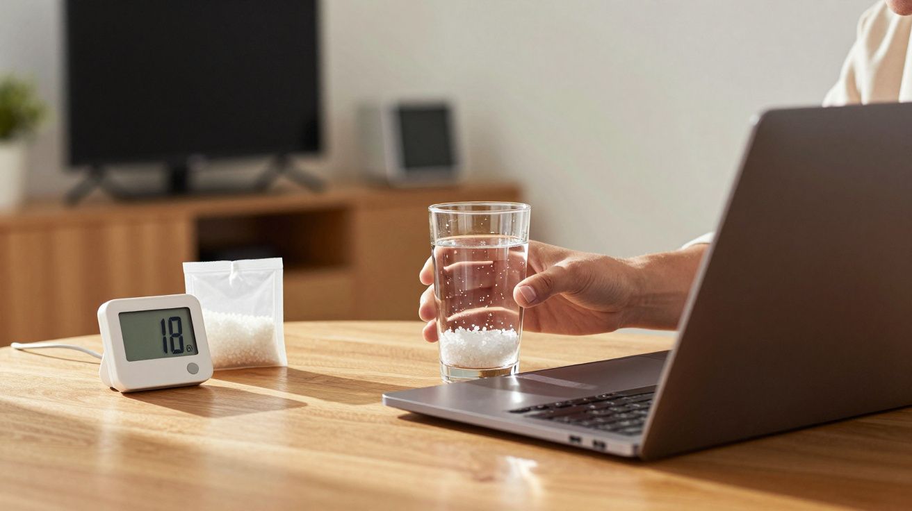 Pessoa segurando copo com água e pastilhas efervescentes ao lado de laptop em mesa de madeira.