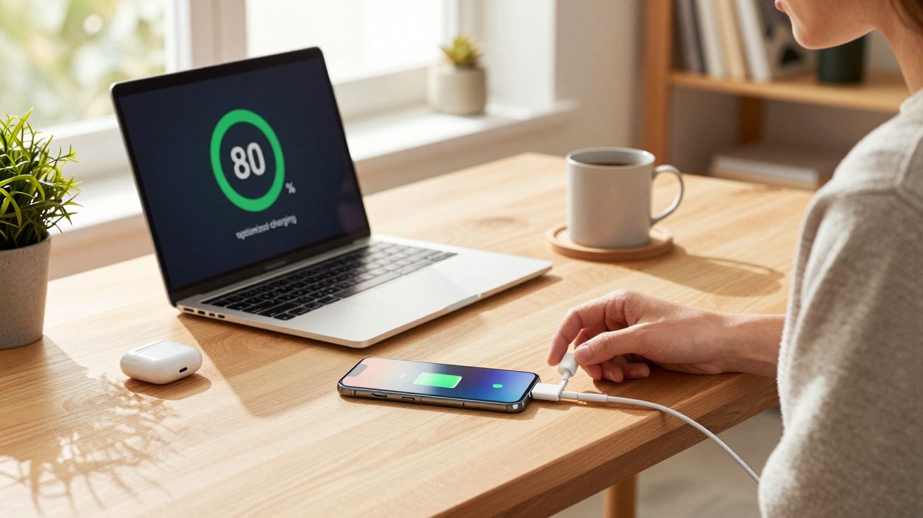 Pessoa conectando cabo para carregar celular em mesa com notebook, fone sem fio, xícara e planta.