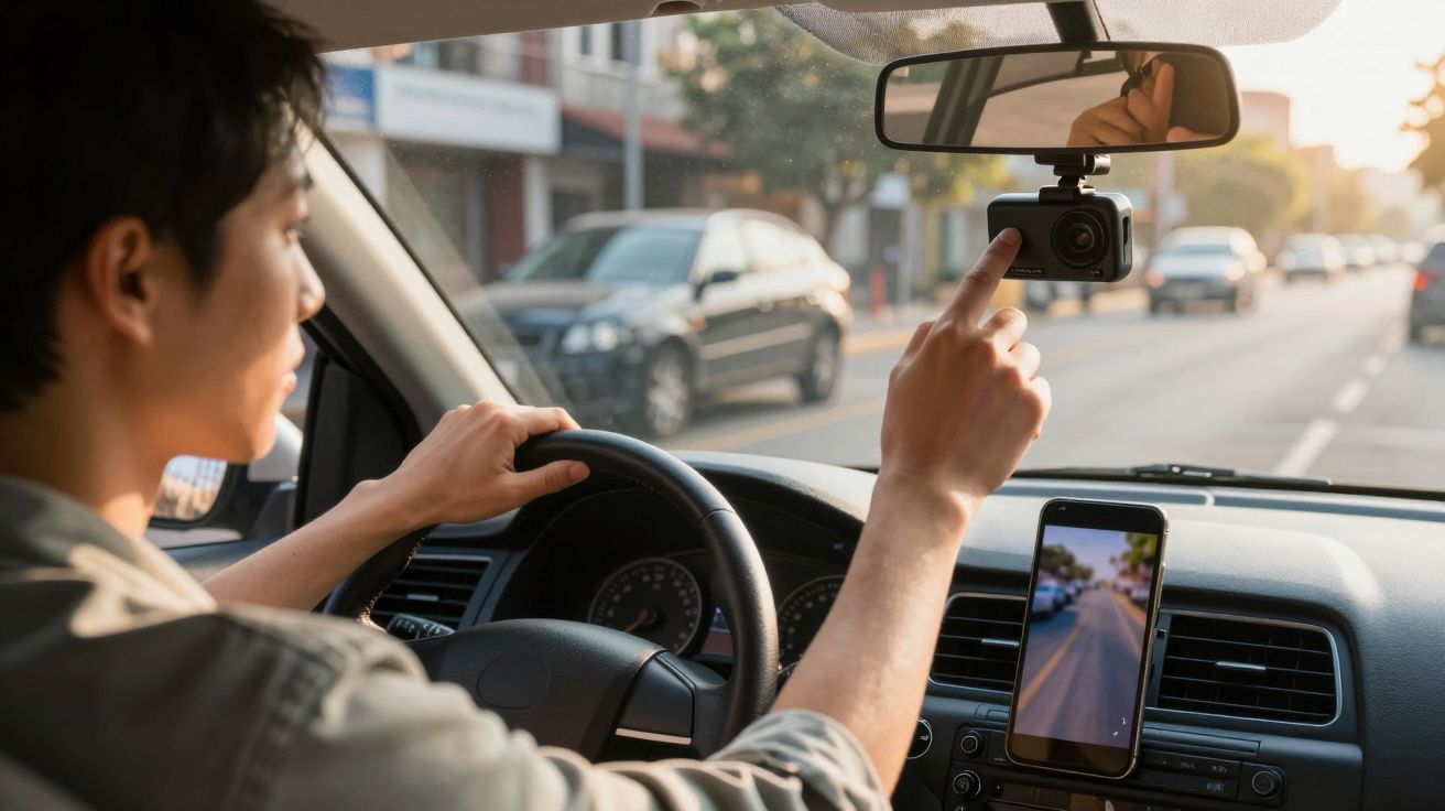 Homem dirigindo carro e ajustando câmera instalada atrás do espelho retrovisor.