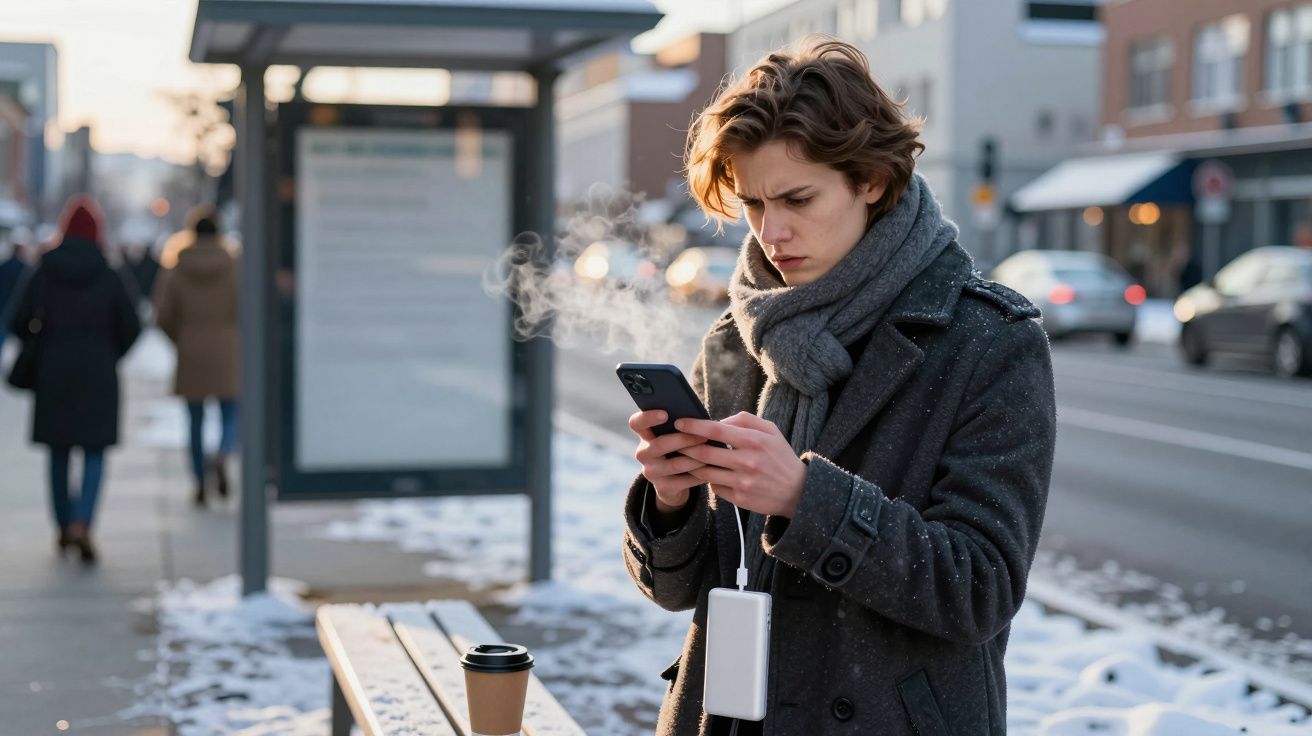 Pessoa com casaco e cachecol usando celular na rua fria, próximo a banco e copo de café.