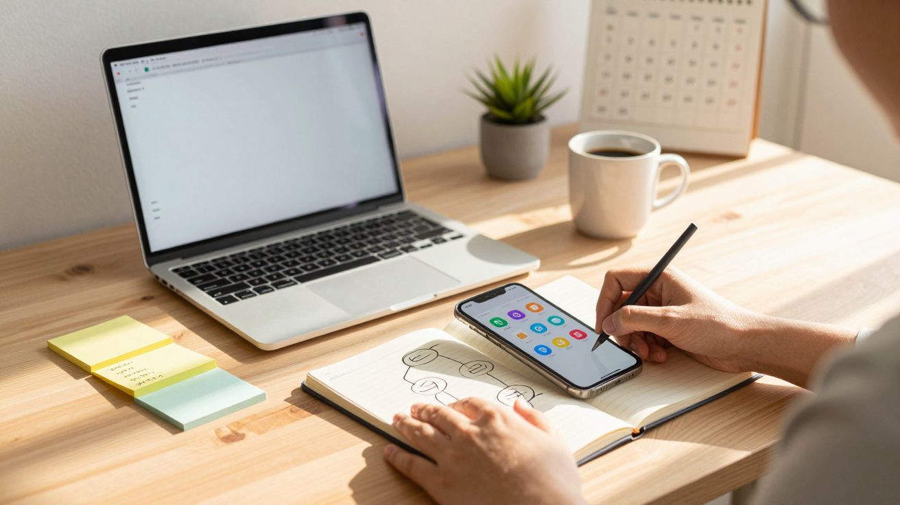 Pessoa usando smartphone e escrevendo em caderno em uma mesa com laptop, caneca e blocos de anotações.