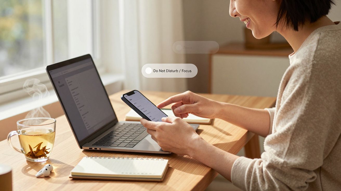 Mulher trabalhando com laptop e celular, bebida quente e caderno sobre mesa de madeira perto da janela.